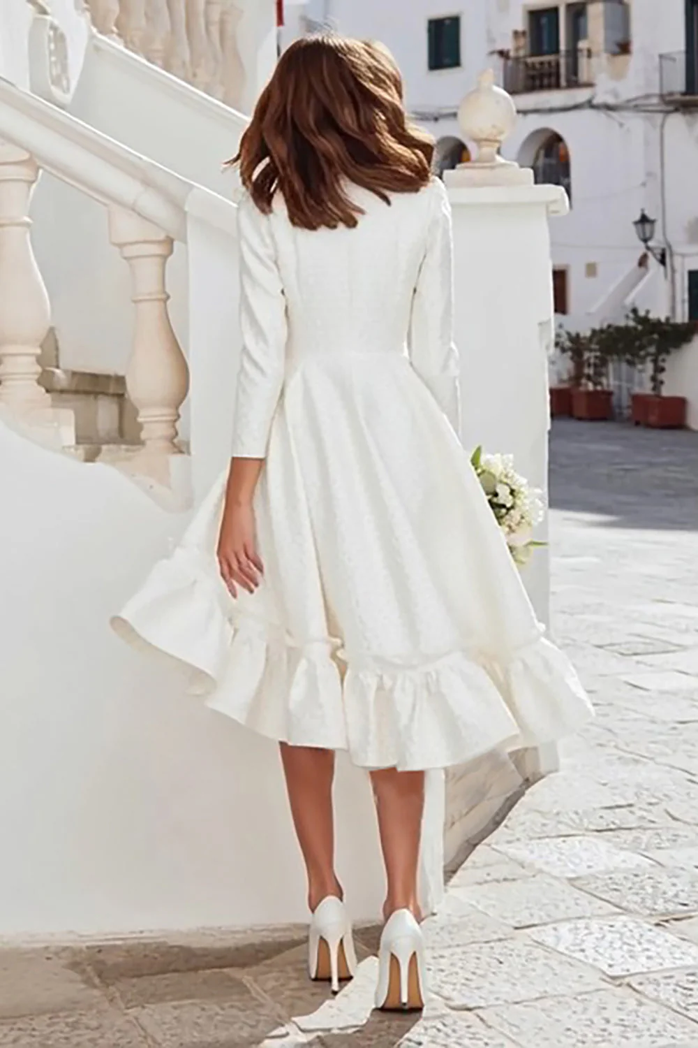Ivory Long Sleeve A Line Midi Engagement Dress with Ruffles - Image 2
