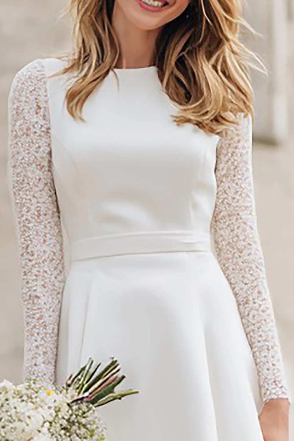Ivory Long Sleeve A Line Midi Wedding Dress with Lace - Image 3