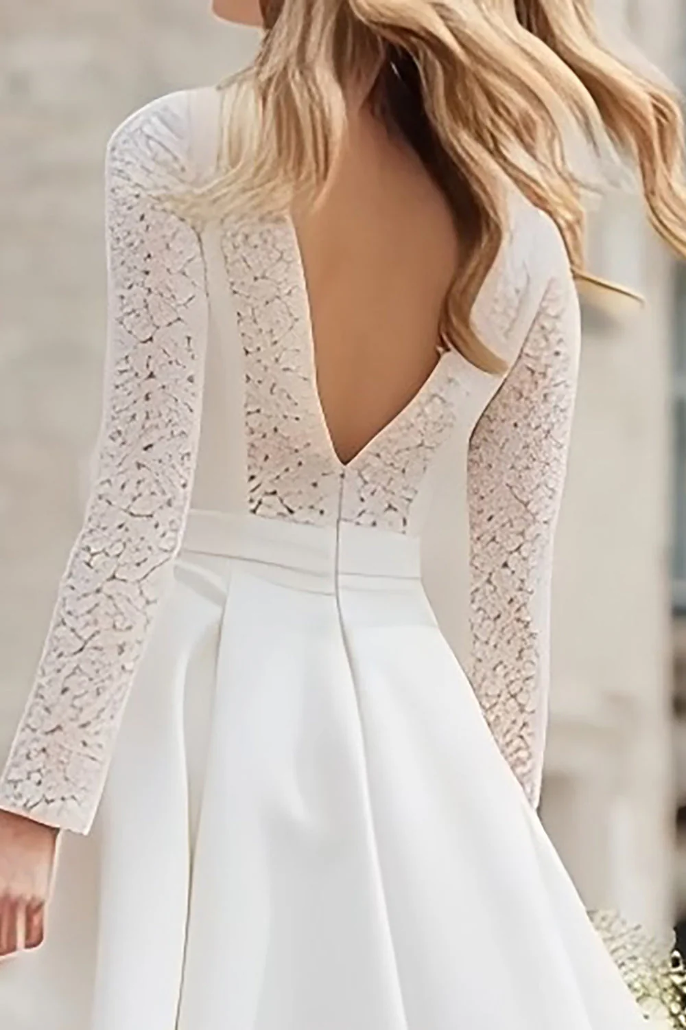 Ivory Long Sleeve A Line Midi Wedding Dress with Lace - Image 4