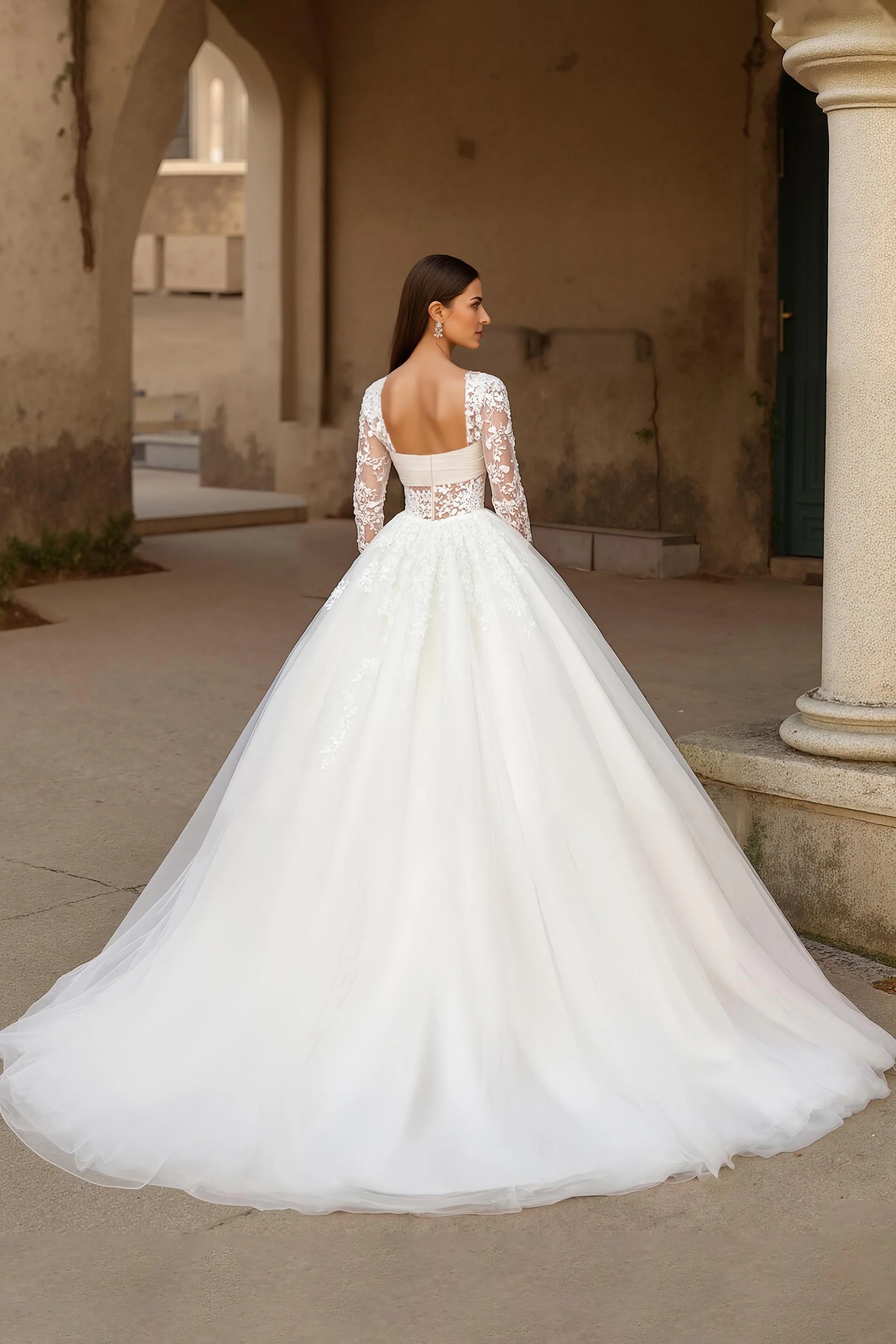 Ivory Long Sleeve Appliqued Sweep Train Wedding Dress - Image 2