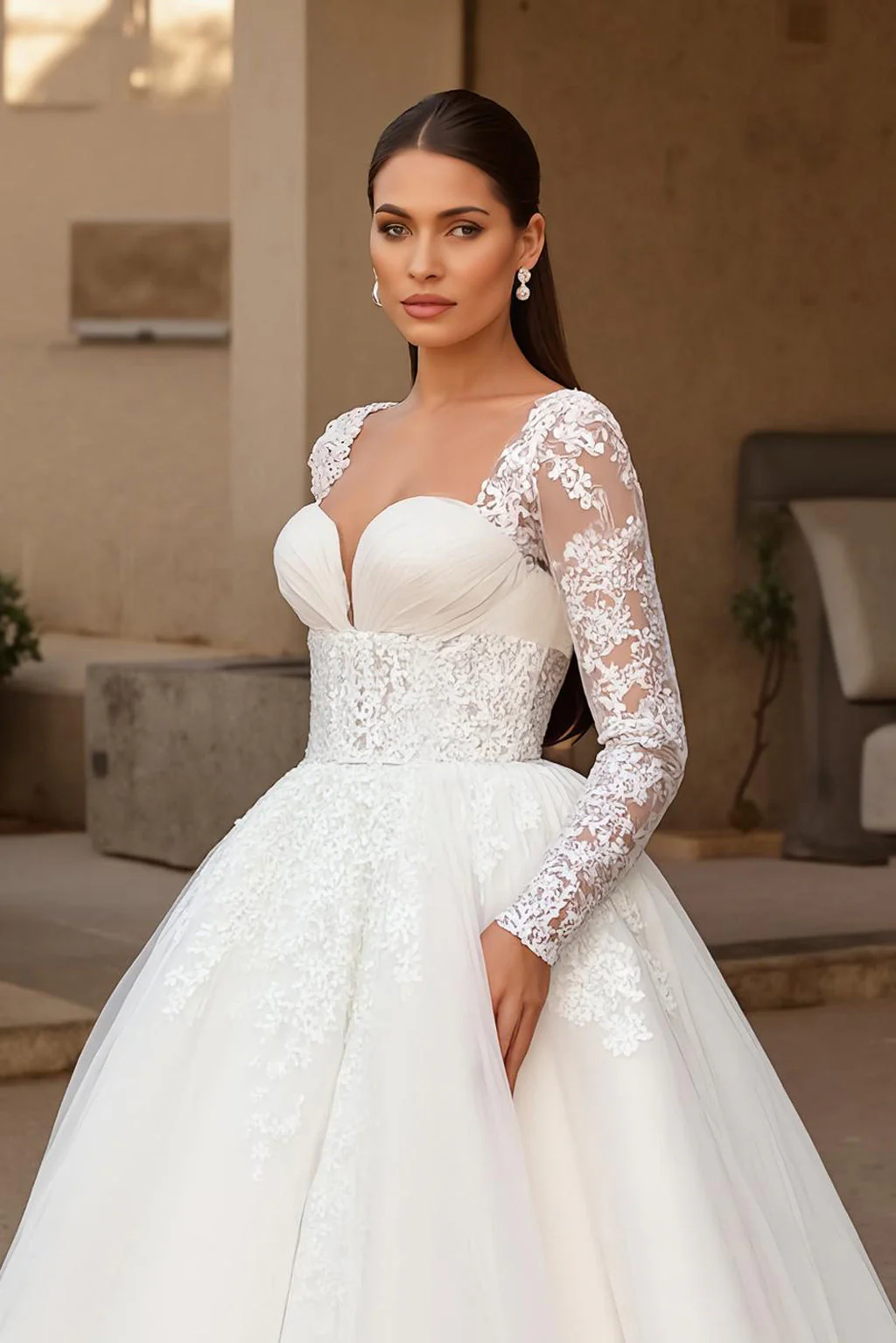 Ivory Long Sleeve Appliqued Sweep Train Wedding Dress - Image 3