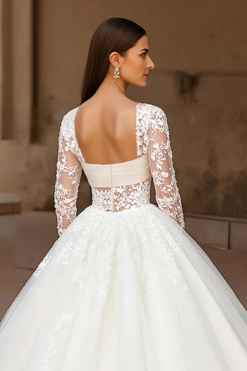 Ivory Long Sleeve Appliqued Sweep Train Wedding Dress - Image 4