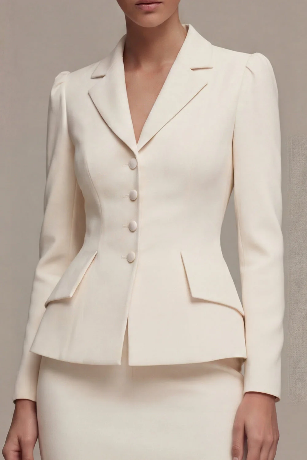 Ivory 2 Piece Notched Lapel Long Sleeves Midi Work Dress - Image 3