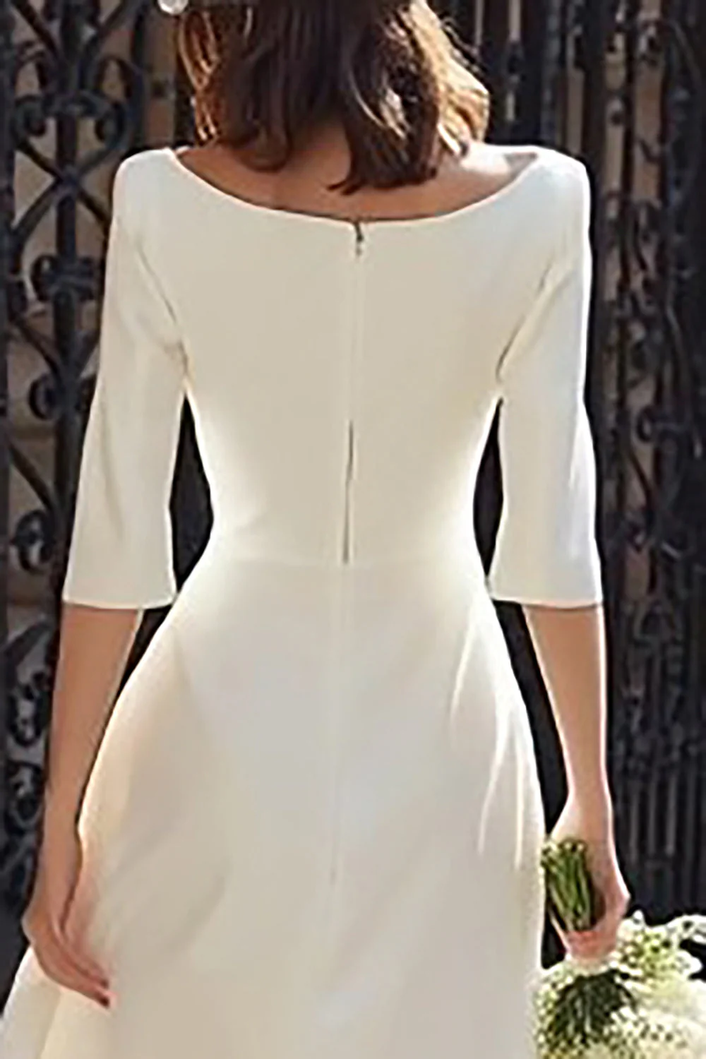 Ivory Boat Neck Midi Engagement Dress with Sleeves - Image 4