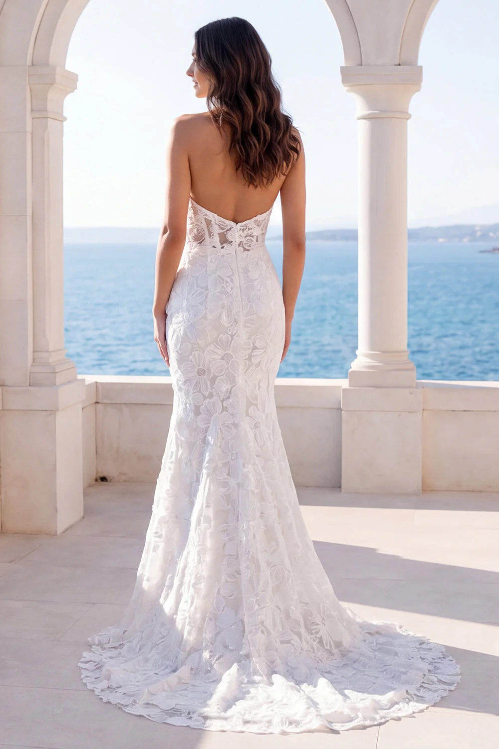 Ivory Mermaid Halter Embroidered Elegant Long Wedding Dress - Image 2