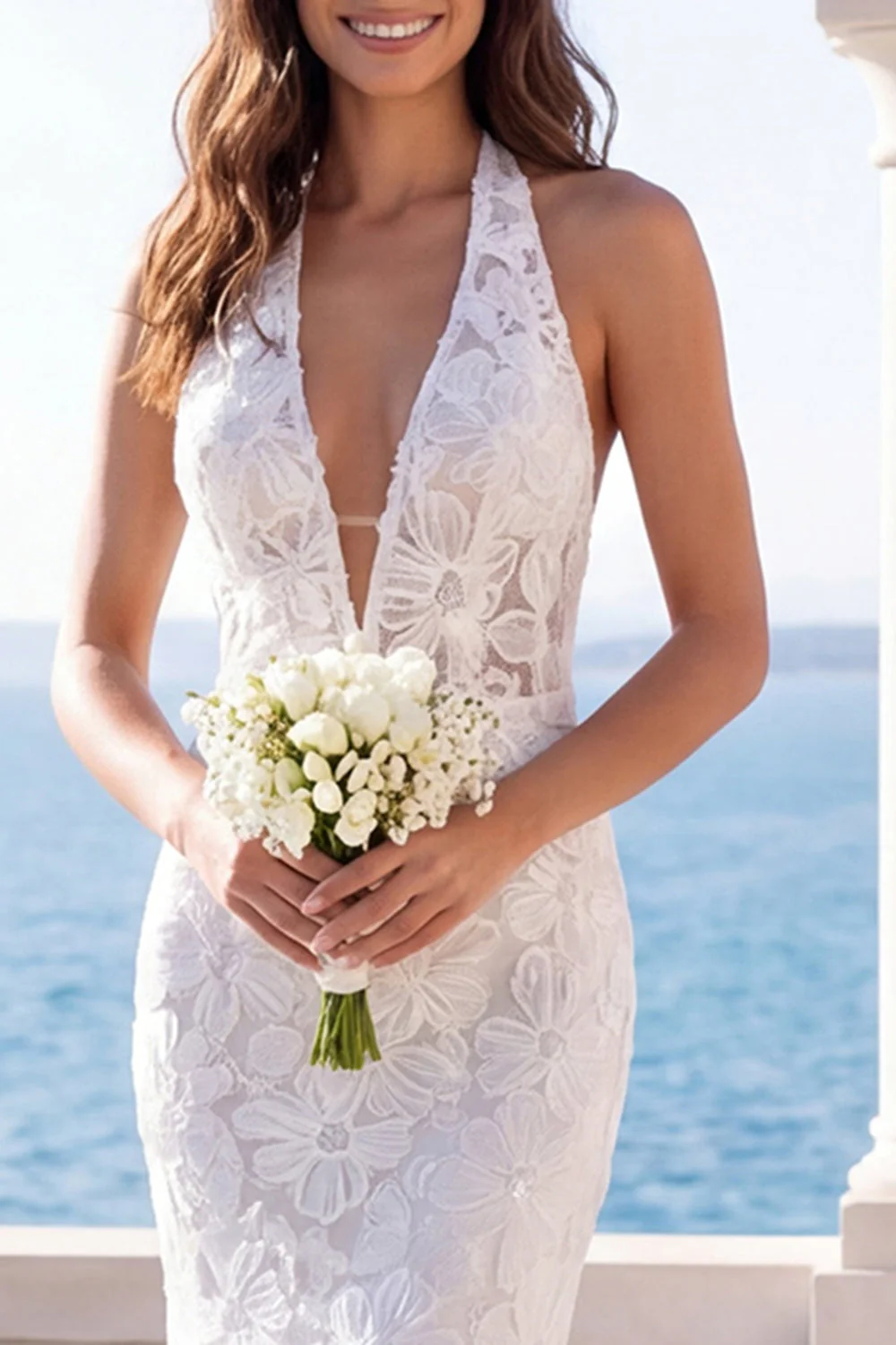 Ivory Mermaid Halter Embroidered Elegant Long Wedding Dress - Image 3