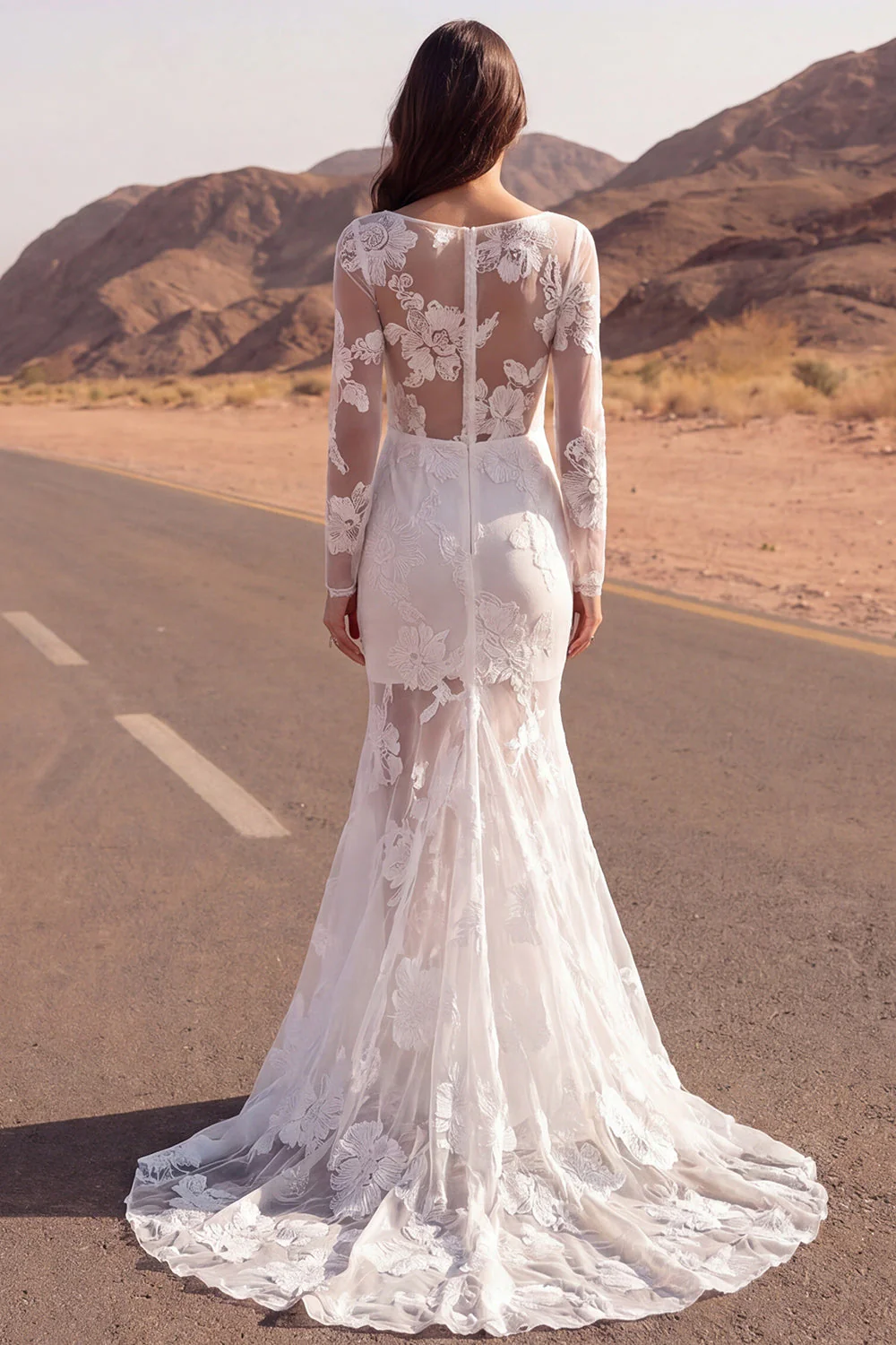 Ivory Mermaid Sheer Sheer Embroidered Long Sleeves Boho Wedding Dress - Image 2