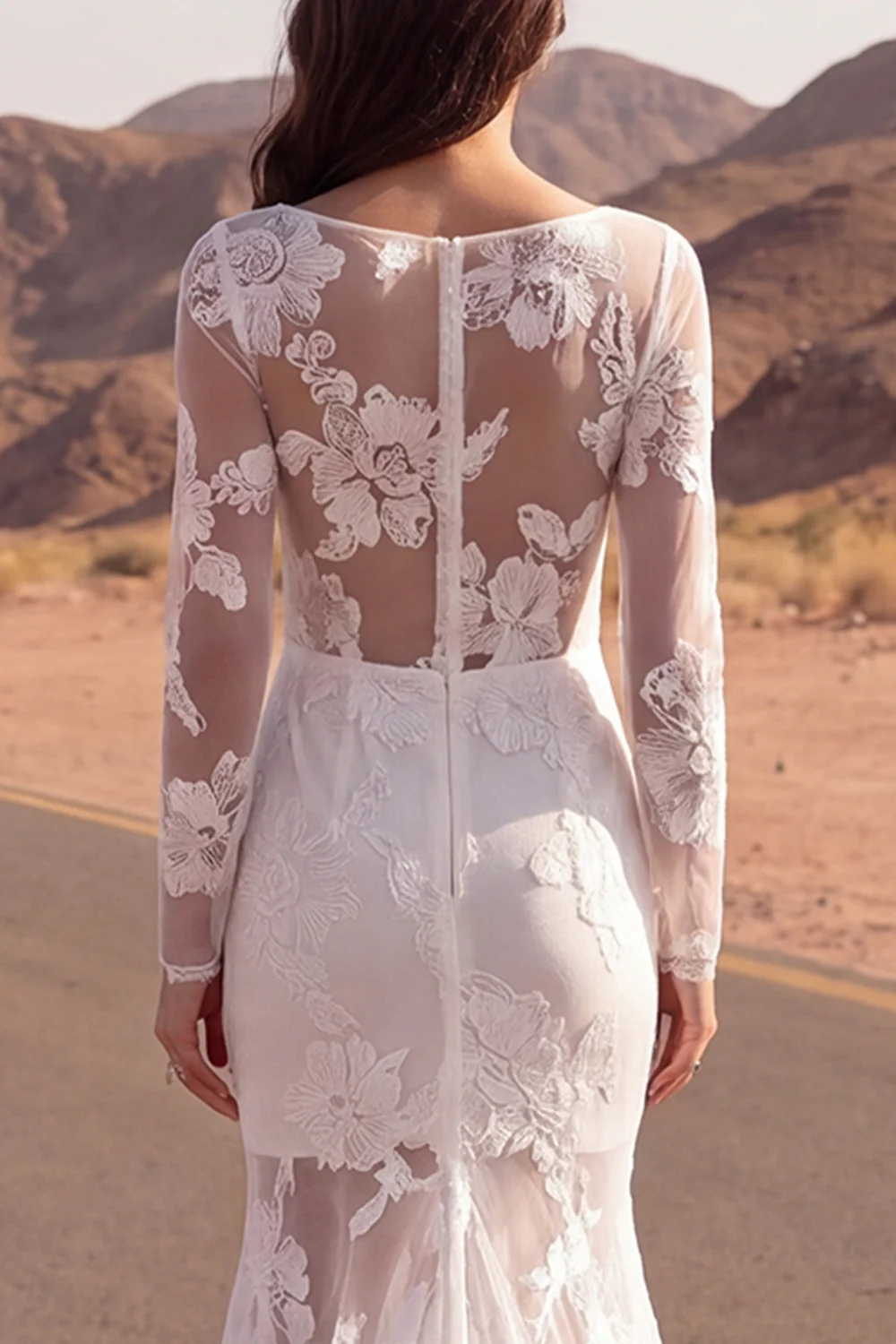 Ivory Mermaid Sheer Sheer Embroidered Long Sleeves Boho Wedding Dress - Image 4