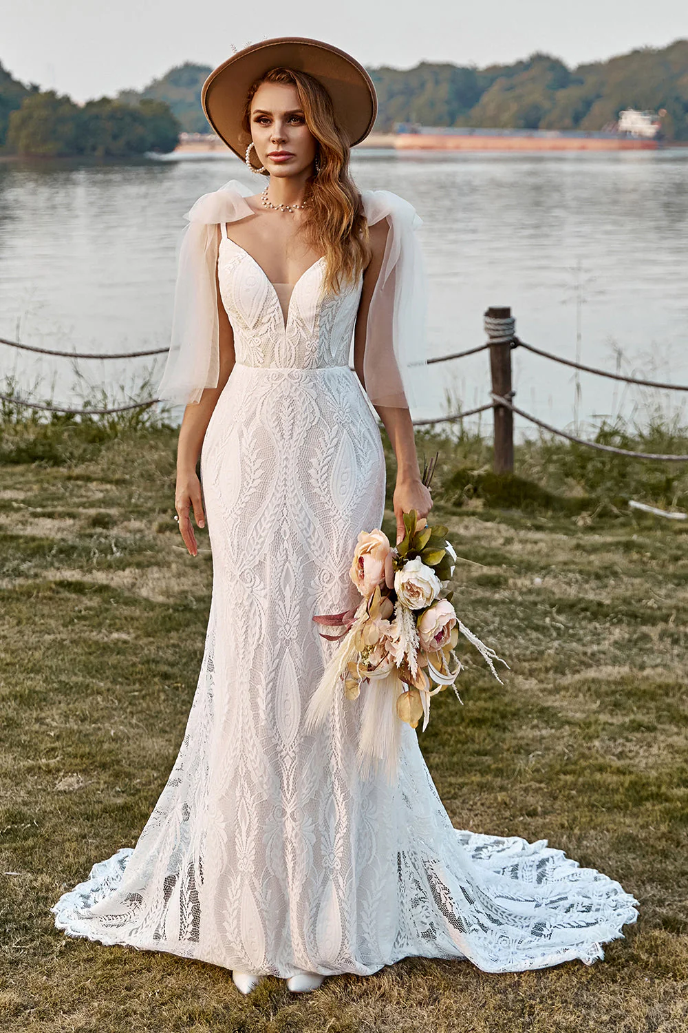 Ivory Mermaid Lace Sweep Train Boho Wedding Dress With Bowknots - Image 3
