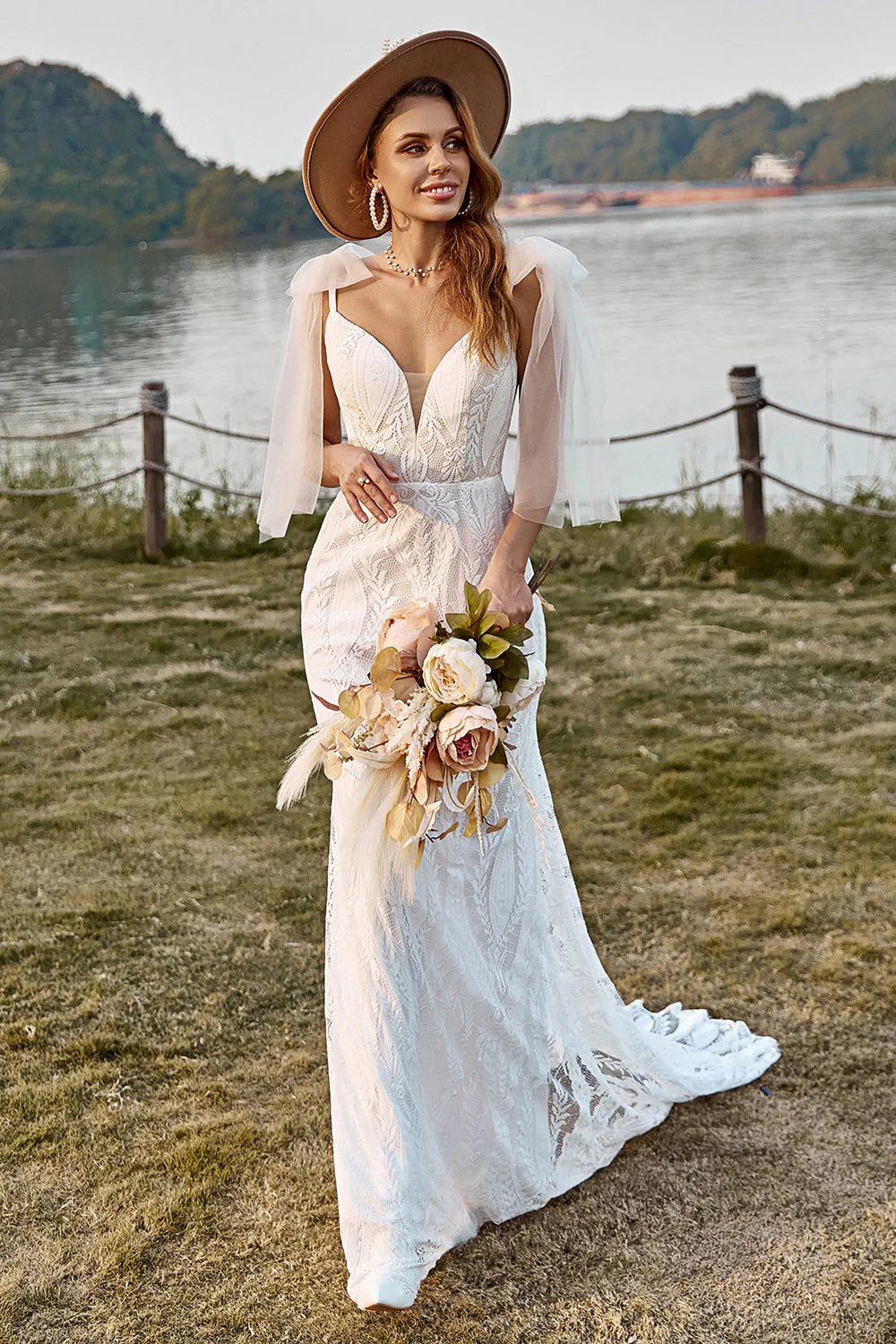 Ivory Mermaid Lace Sweep Train Boho Wedding Dress With Bowknots - Image 4