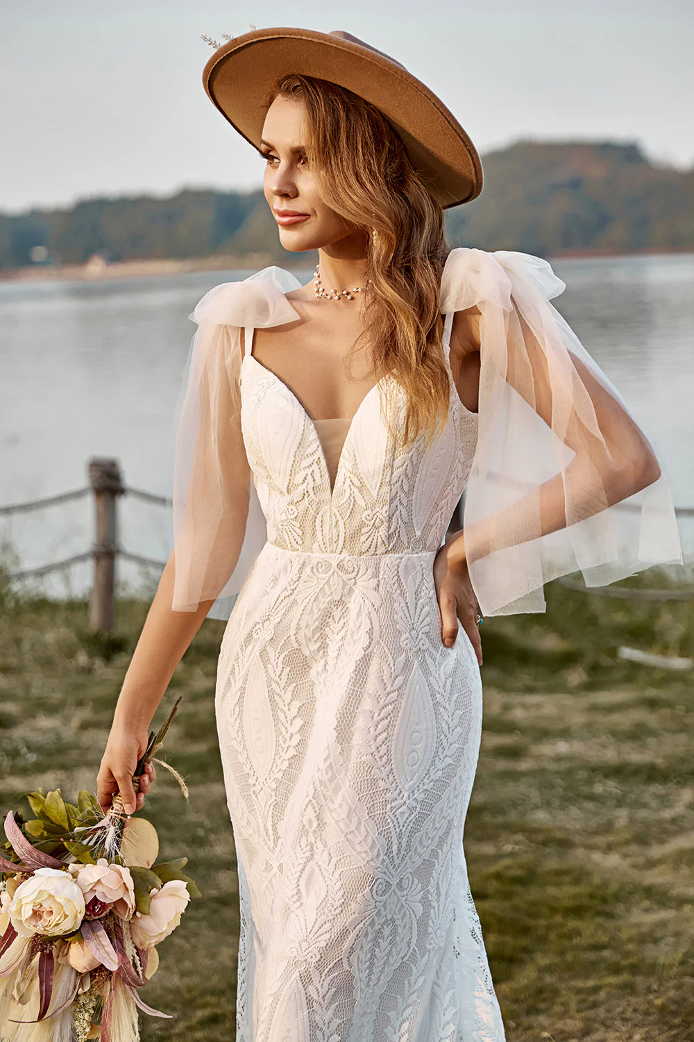 Ivory Mermaid Lace Sweep Train Boho Wedding Dress With Bowknots - Image 5