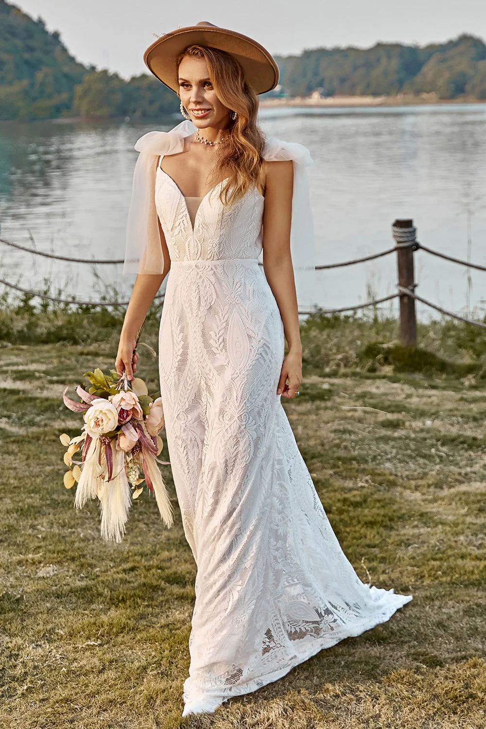 Ivory Mermaid Lace Sweep Train Boho Wedding Dress With Bowknots - Image 6
