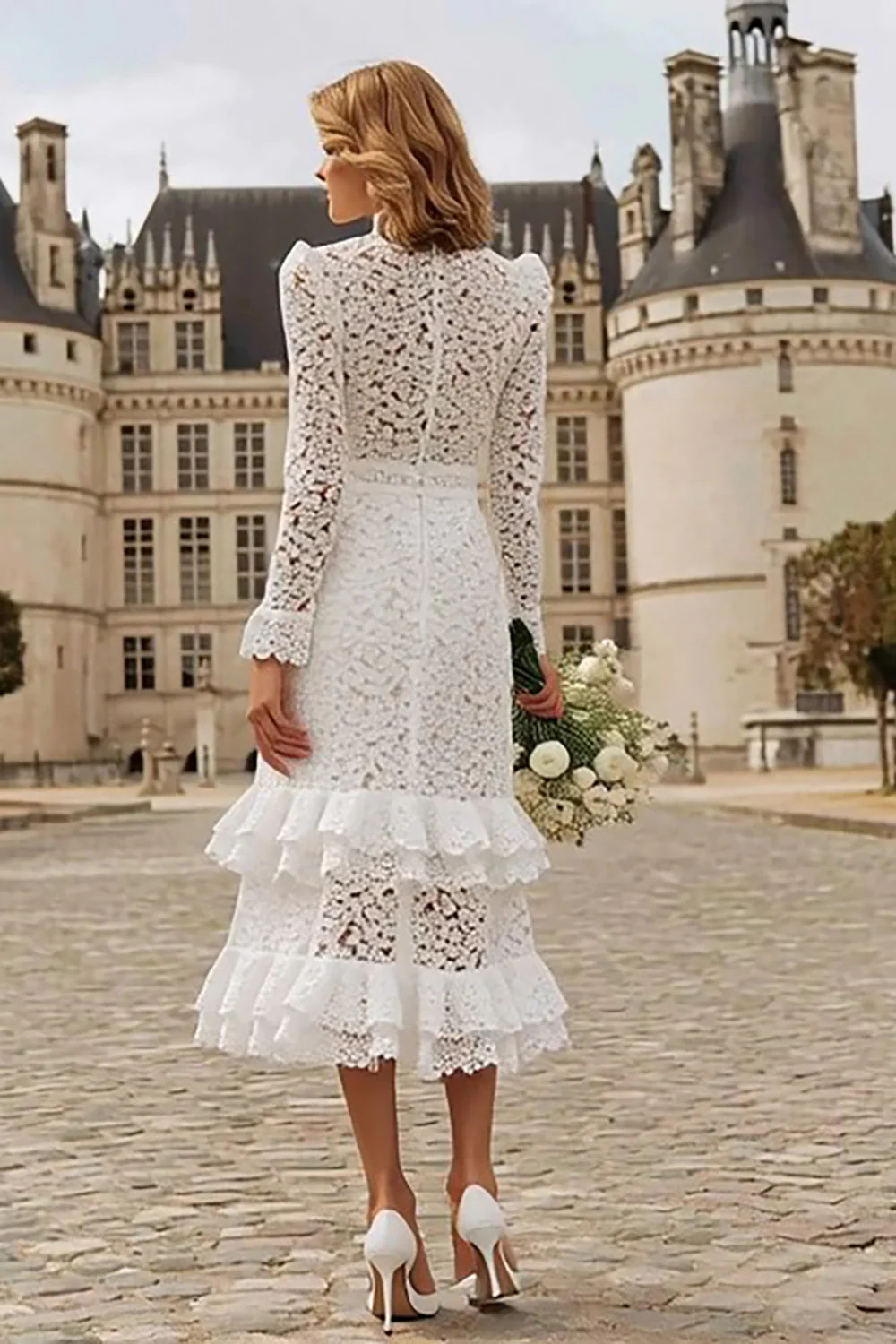 Ivory Mermaid Lace Tiered Ruffled Courthouse Wedding Dress - Image 2