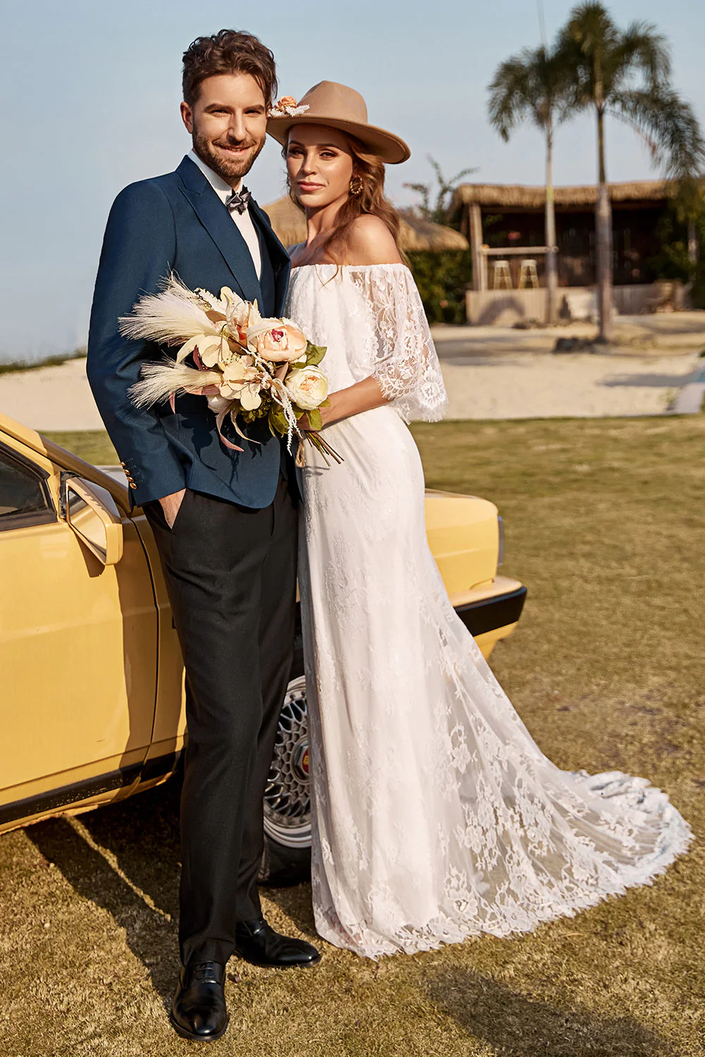 Ivory Mermaid Off The Shoulder Lace Boho Wedding Dress With Sweep Train - Image 3