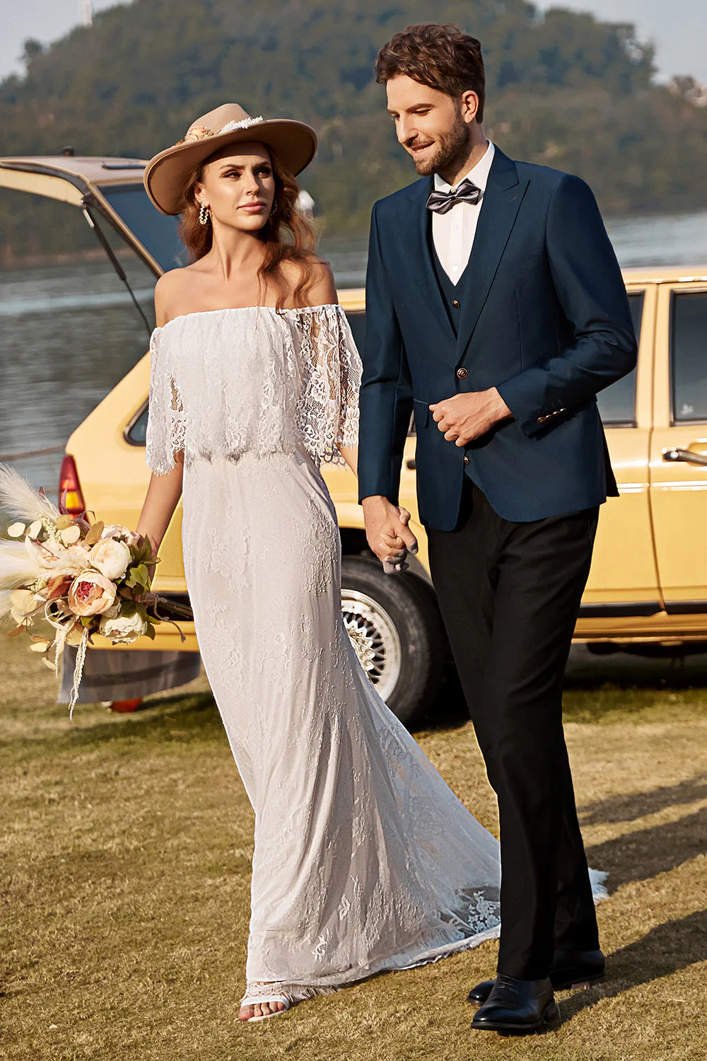 Ivory Mermaid Off The Shoulder Lace Boho Wedding Dress With Sweep Train - Image 4