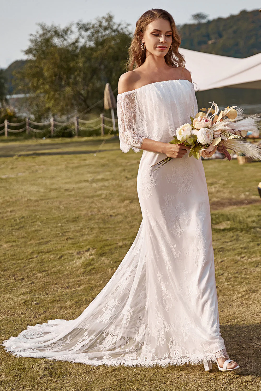 Ivory Mermaid Off The Shoulder Lace Boho Wedding Dress With Sweep Train - Image 5