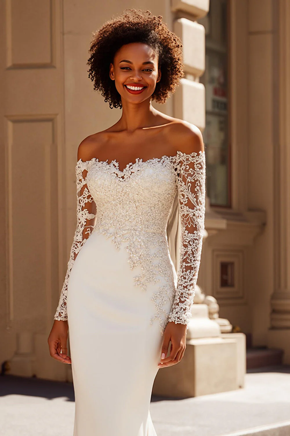 Ivory Mermaid Sweep Train Off the Shoulder Wedding Dress with Lace - Image 2