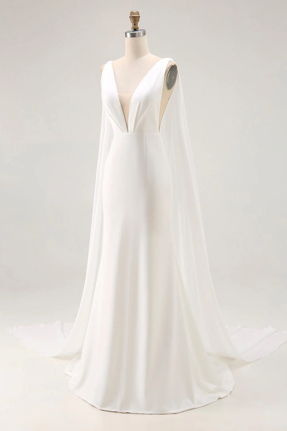 Ivory Mermaid V Neck Satin Long Wedding Dress with Watteau Train - Image 5