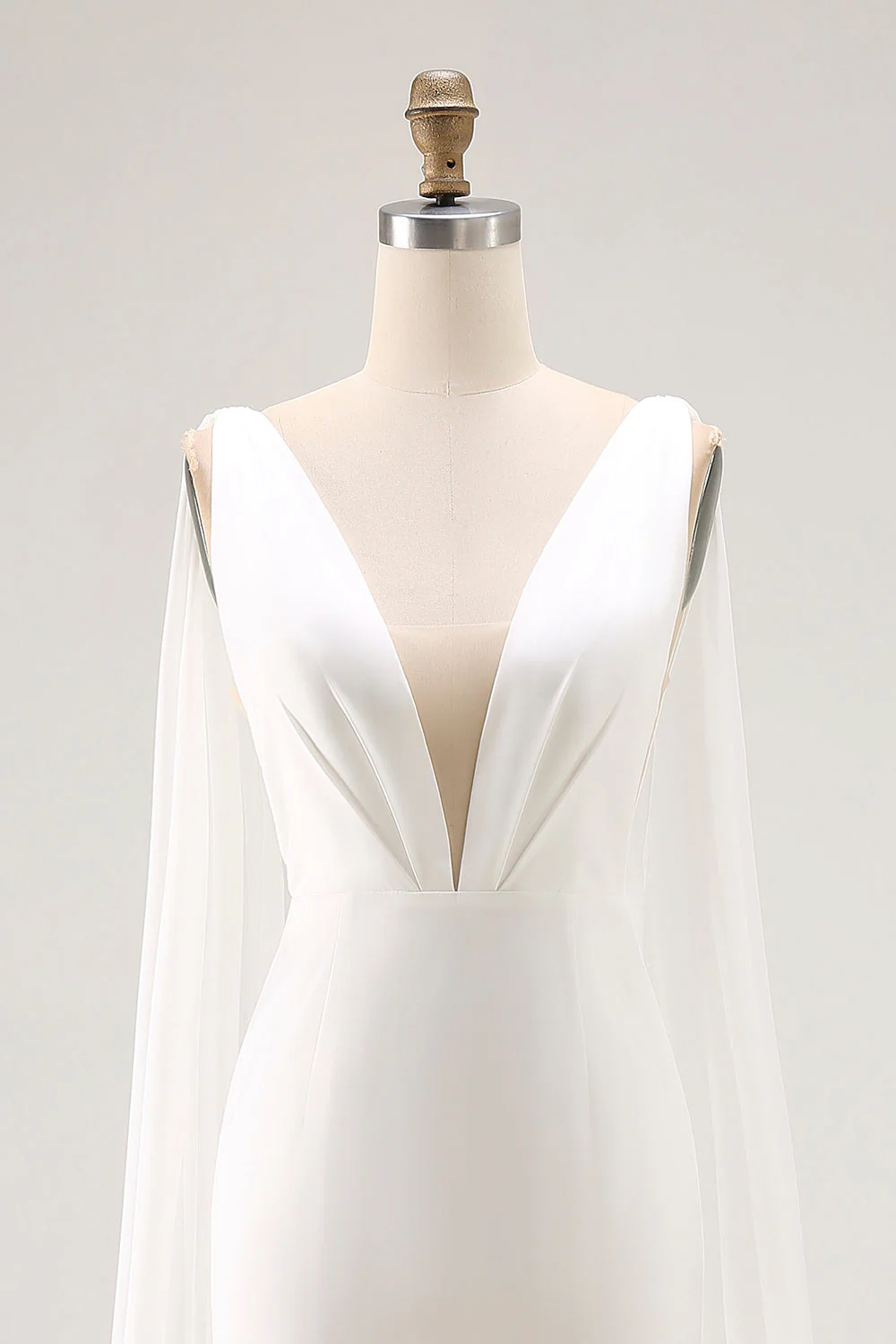 Ivory Mermaid V Neck Satin Long Wedding Dress with Watteau Train - Image 6