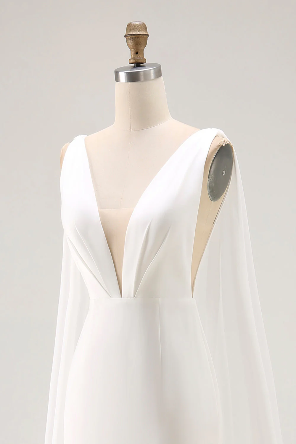Ivory Mermaid V Neck Satin Long Wedding Dress with Watteau Train - Image 8