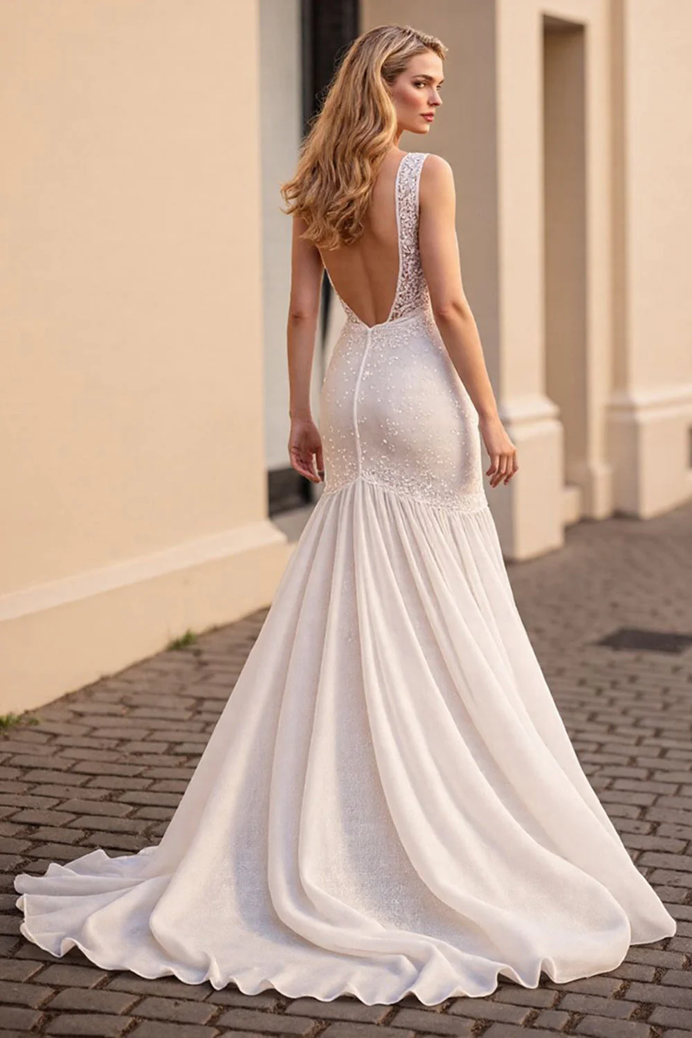 Ivory Mermaid V Neck Sleeveless Lace Long Wedding Dress - Image 2