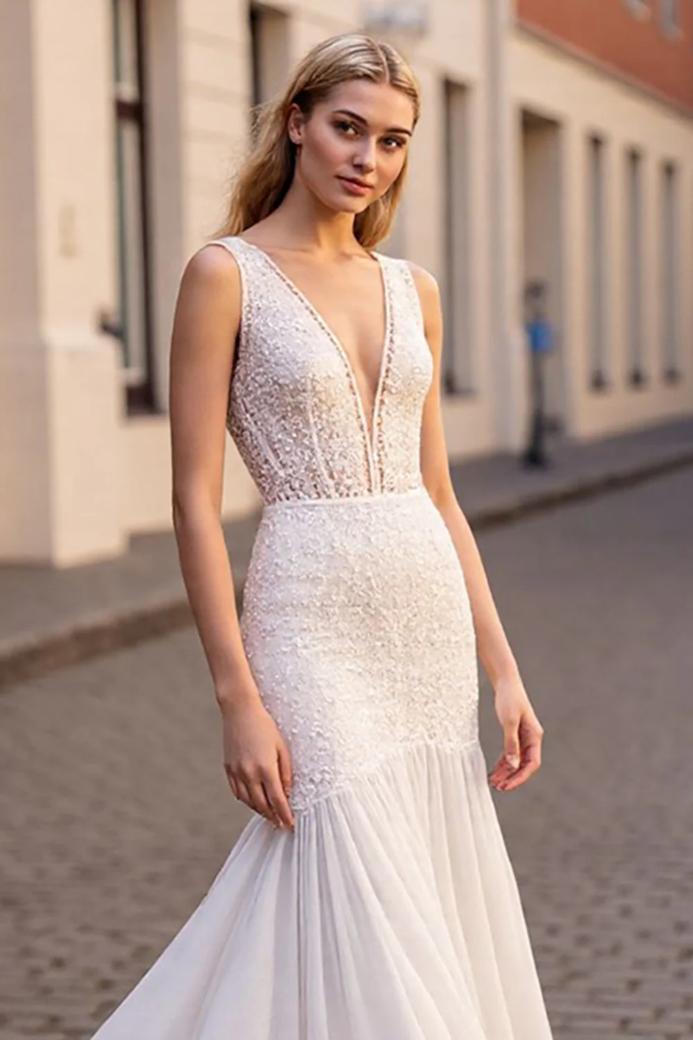 Ivory Mermaid V Neck Sleeveless Lace Long Wedding Dress - Image 3