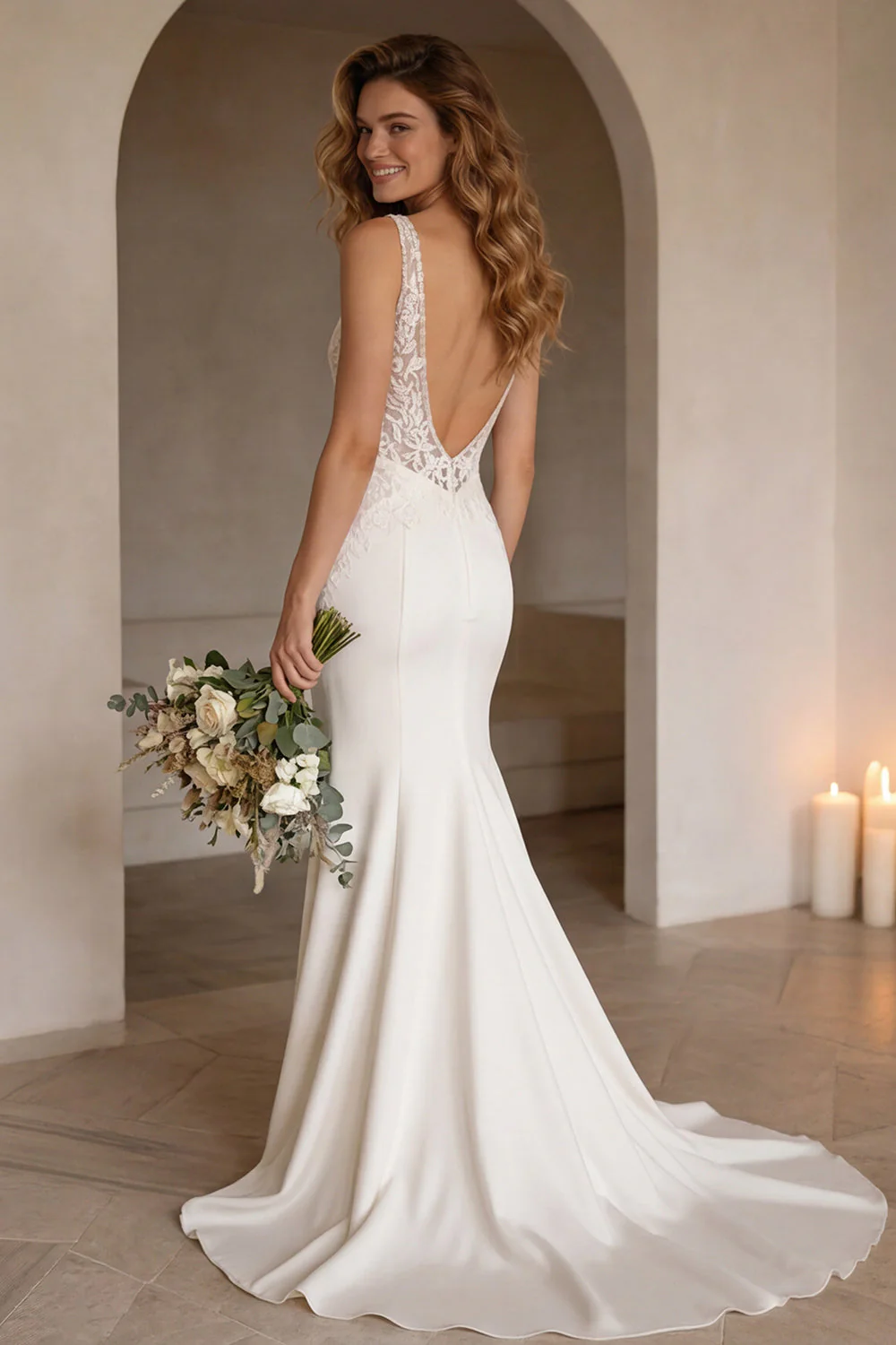 Ivory Mermiad V-Neck Corset Sweep Train Wedding Dress with Lace - Image 2