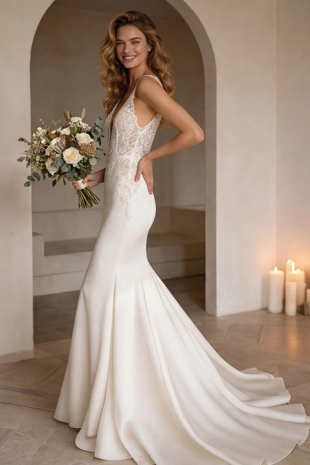 Ivory Mermiad V-Neck Corset Sweep Train Wedding Dress with Lace - Image 3
