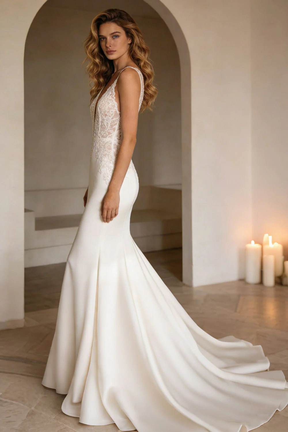 Ivory Mermiad V-Neck Corset Sweep Train Wedding Dress with Lace - Image 4