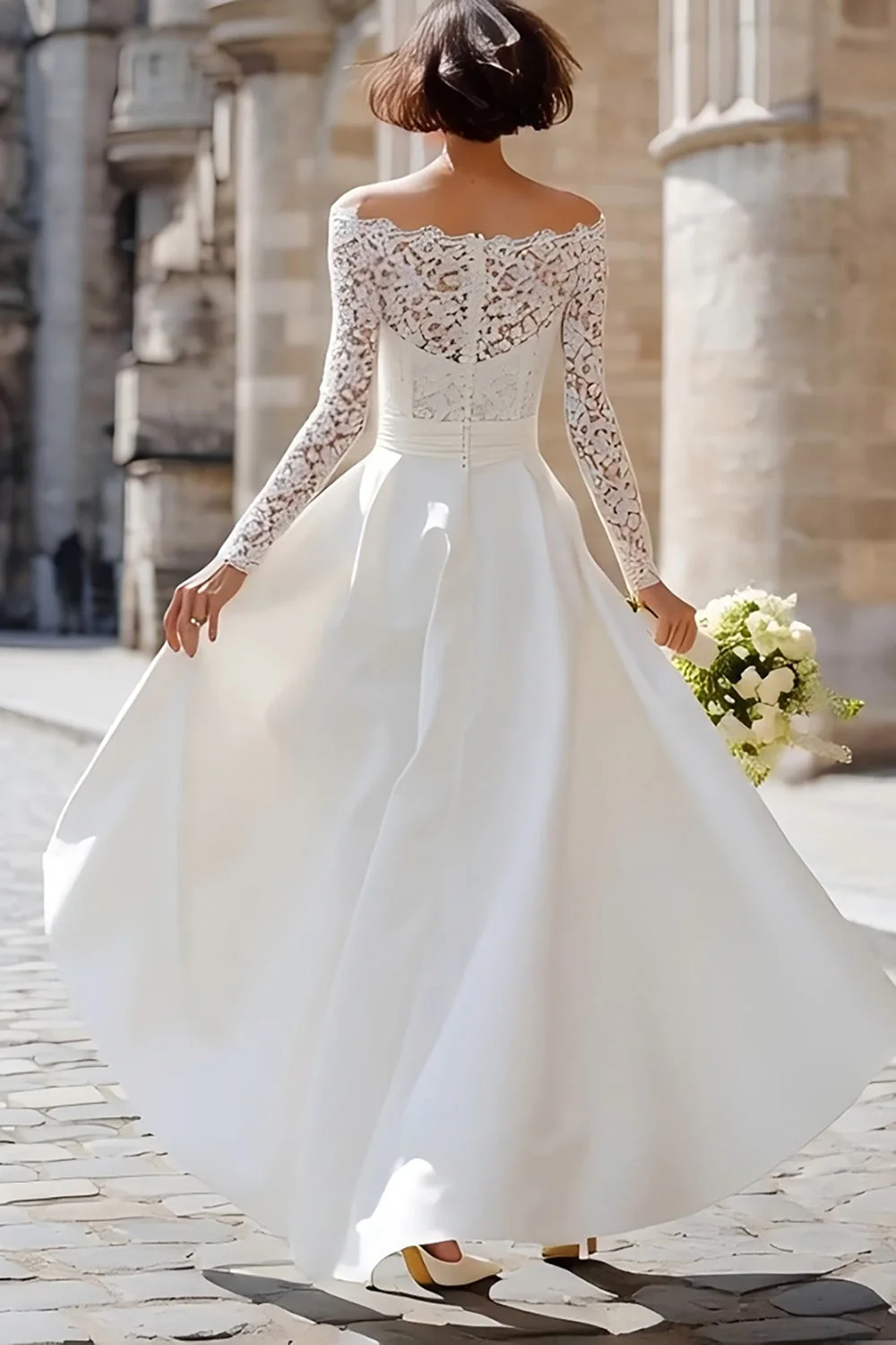 Ivory Off the Shoulder A Line High-Low Engagement Dress with Lace - Image 2