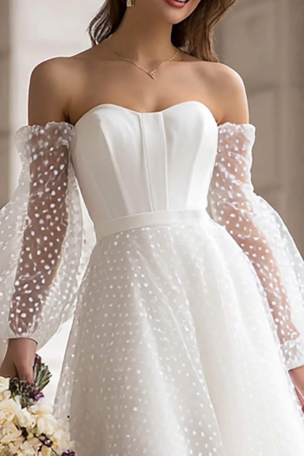 Ivory Off the Shoulder A-Line Polka Dots Engagement Dress - Image 3