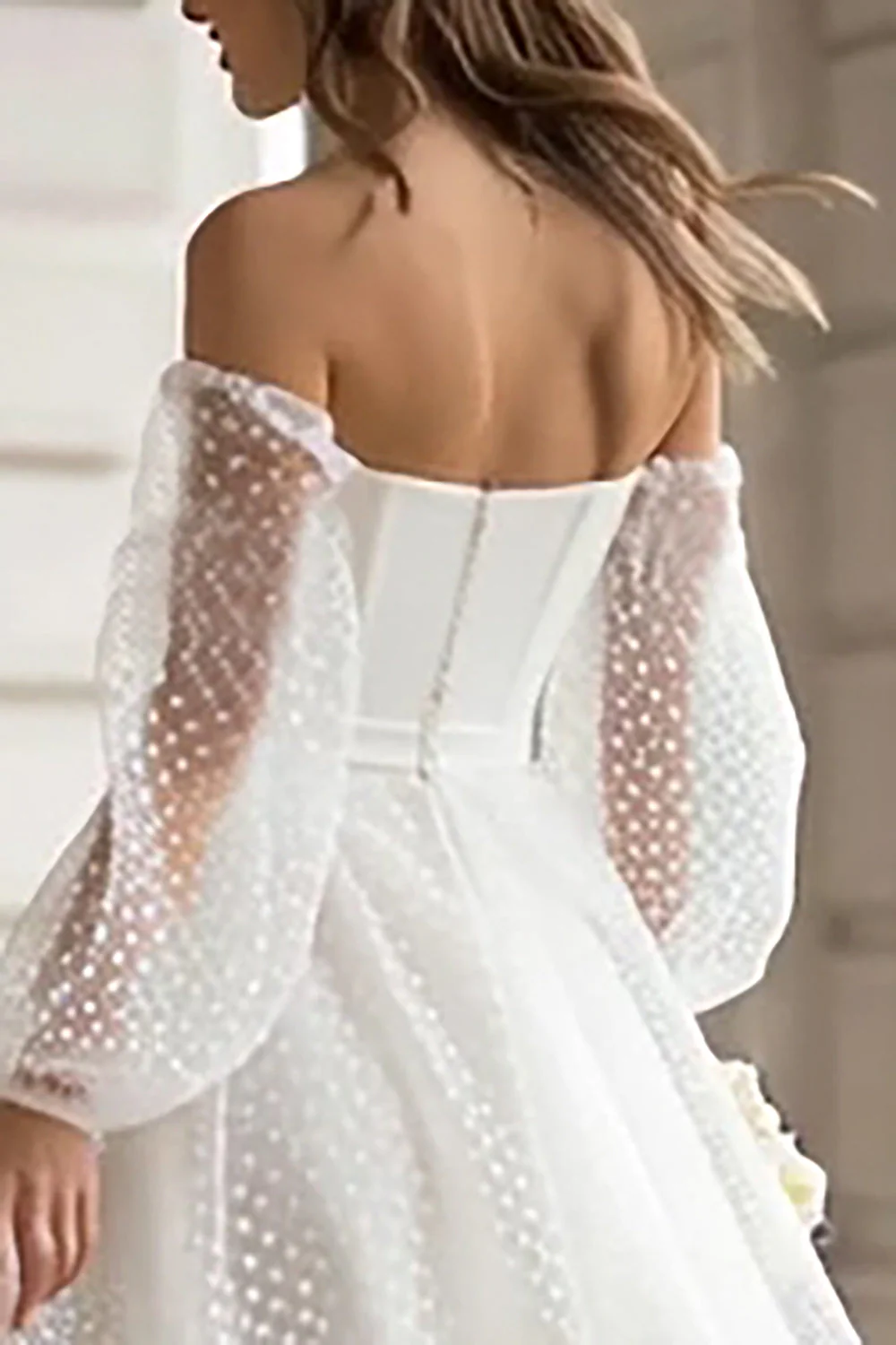 Ivory Off the Shoulder A-Line Polka Dots Engagement Dress - Image 4
