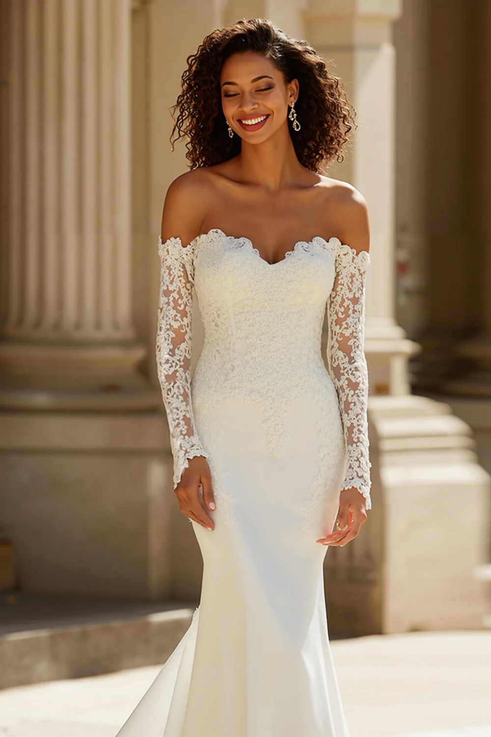 Ivory Off the Shoulder Chiffon Mermaid Sweep Train Wedding Dress with Lace - Image 2