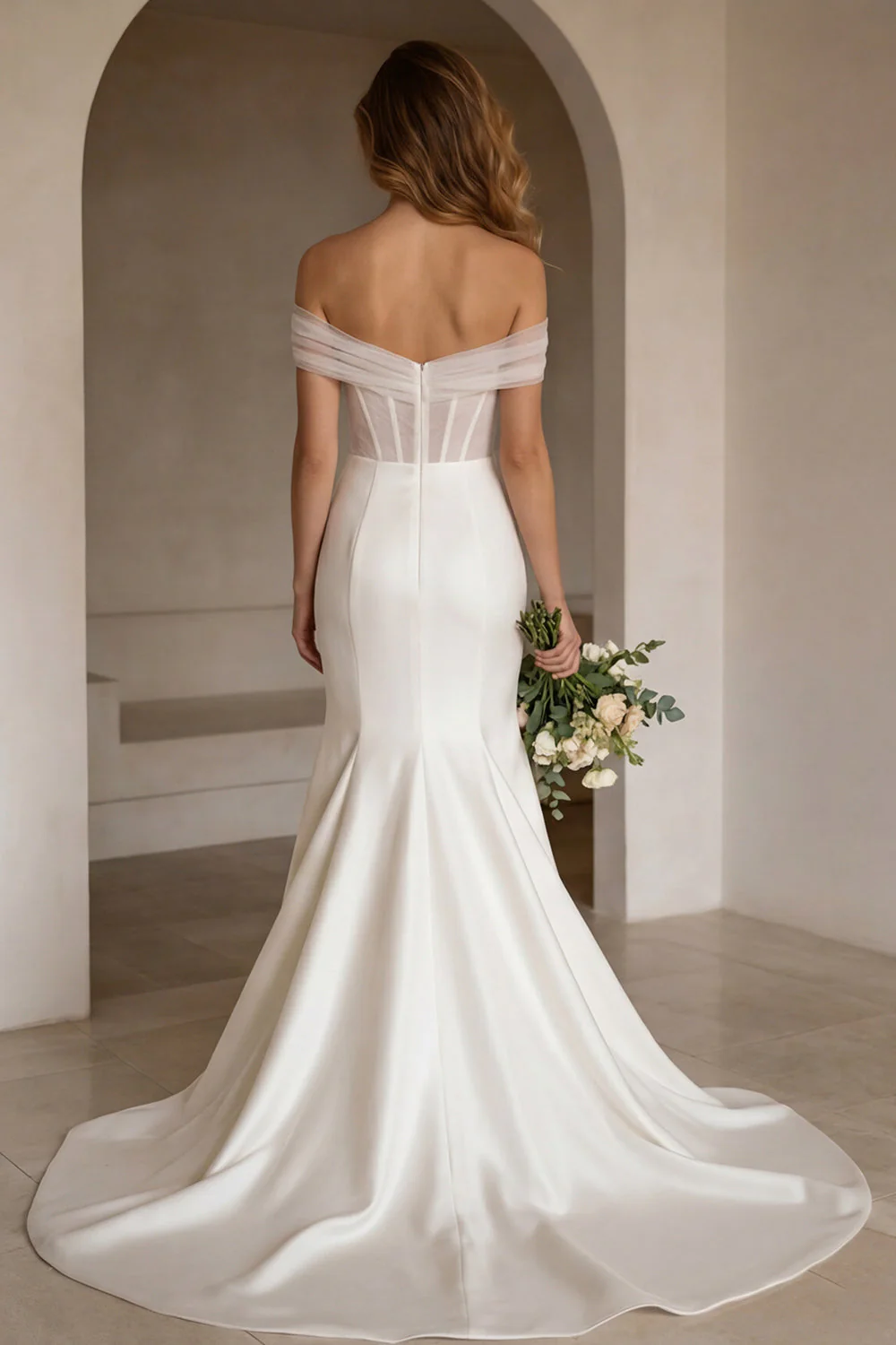 Ivory Off the Shoulder Corset Sweep Train Wedding Dress - Image 2