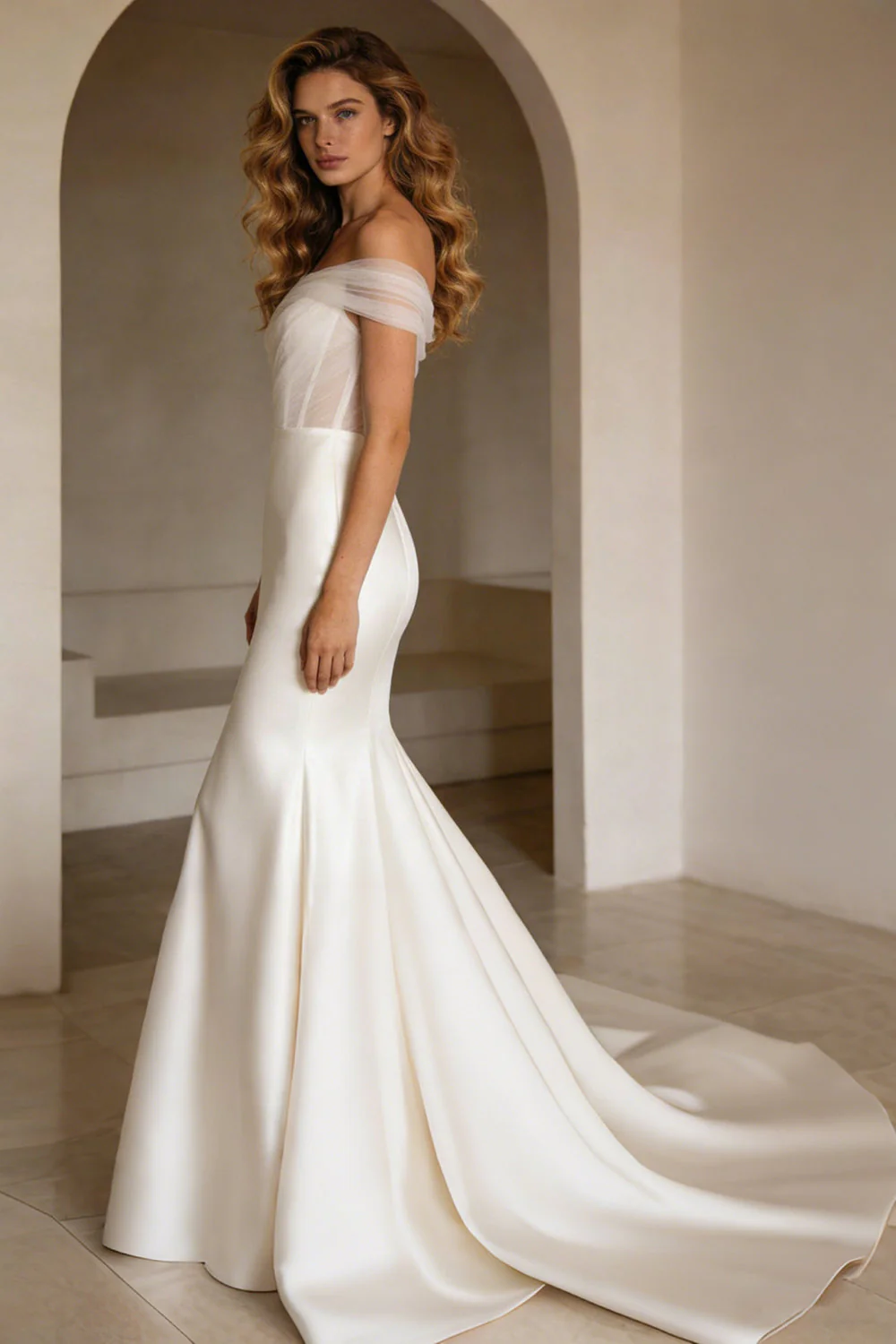 Ivory Off the Shoulder Corset Sweep Train Wedding Dress - Image 3