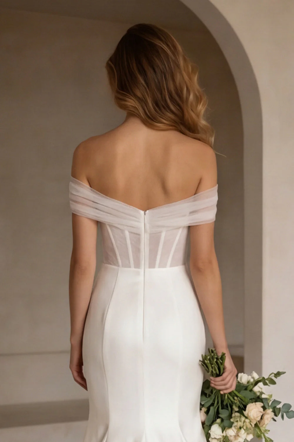 Ivory Off the Shoulder Corset Sweep Train Wedding Dress - Image 5