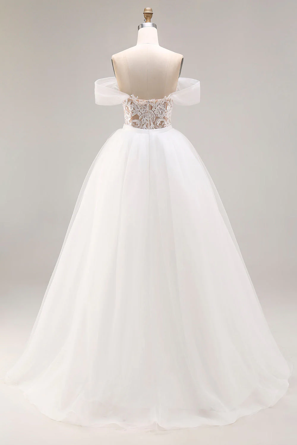 Ivory Off The Shoulder Embroidered Tulle Long Ball Gown Wedding Dress - Image 2