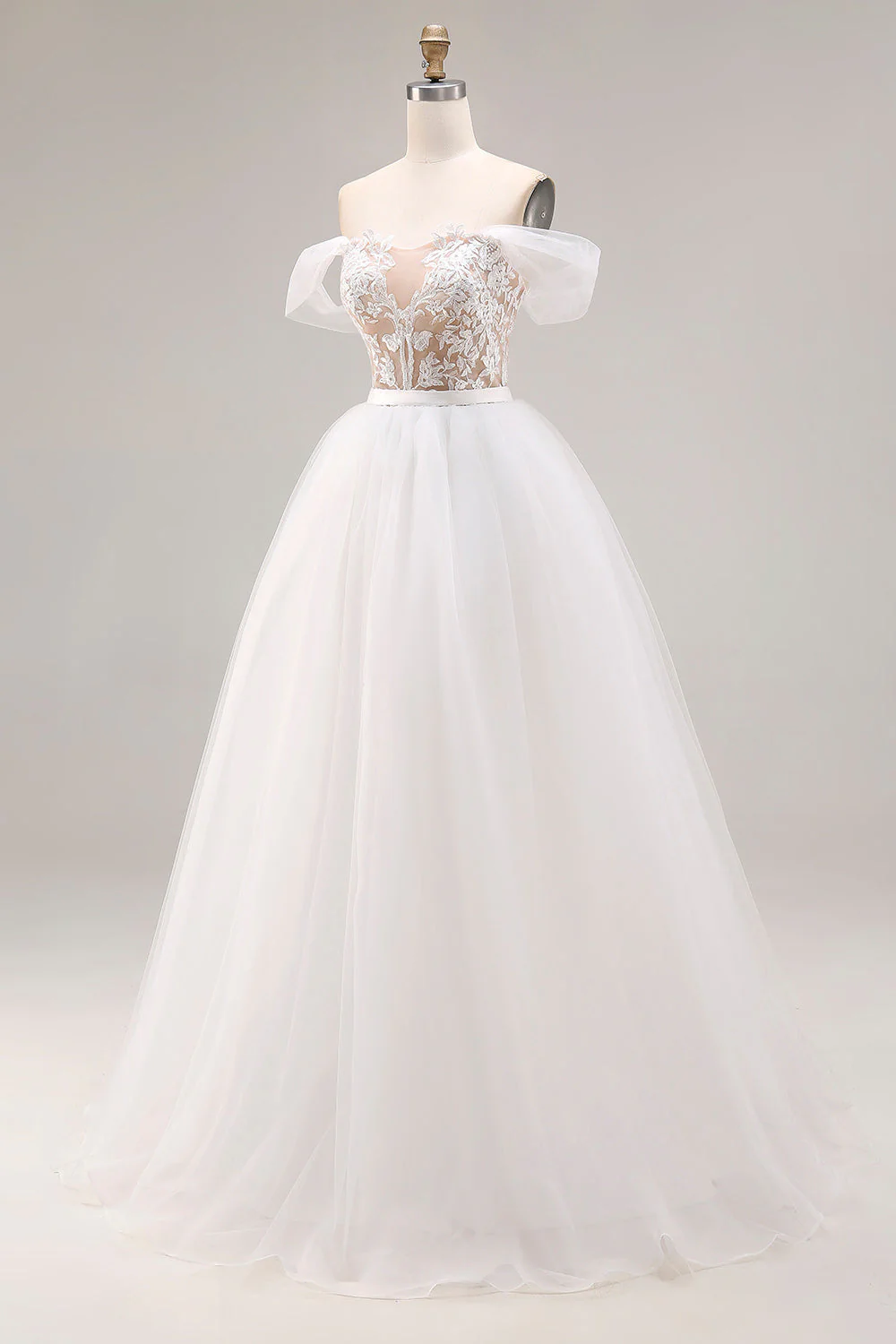 Ivory Off The Shoulder Embroidered Tulle Long Ball Gown Wedding Dress - Image 3