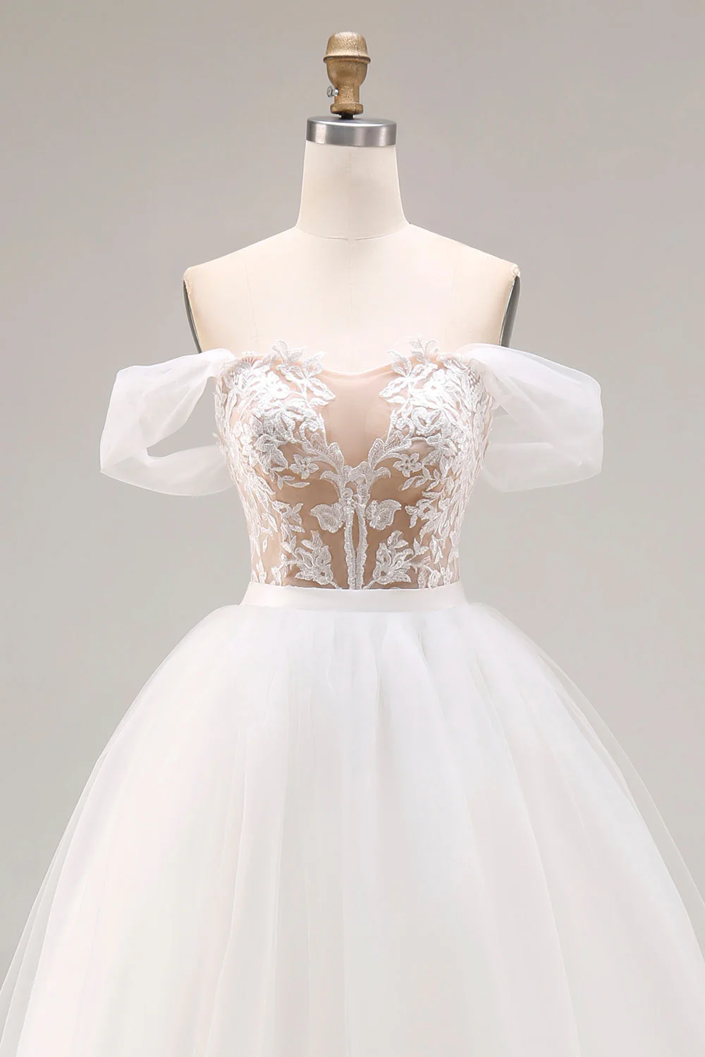 Ivory Off The Shoulder Embroidered Tulle Long Ball Gown Wedding Dress - Image 4
