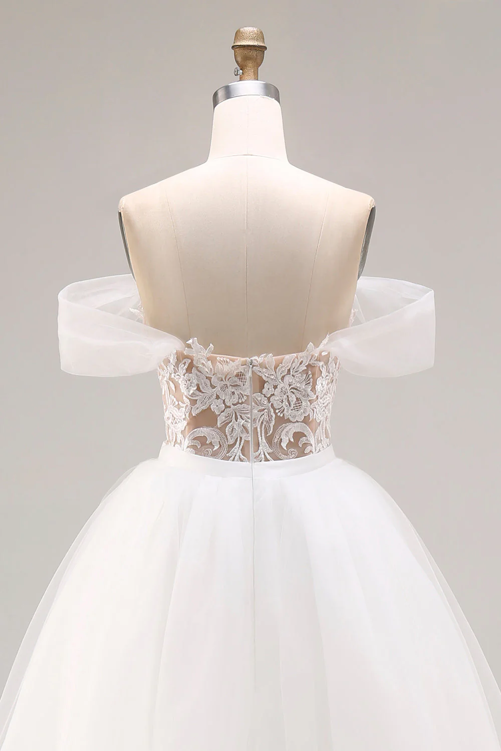 Ivory Off The Shoulder Embroidered Tulle Long Ball Gown Wedding Dress - Image 5
