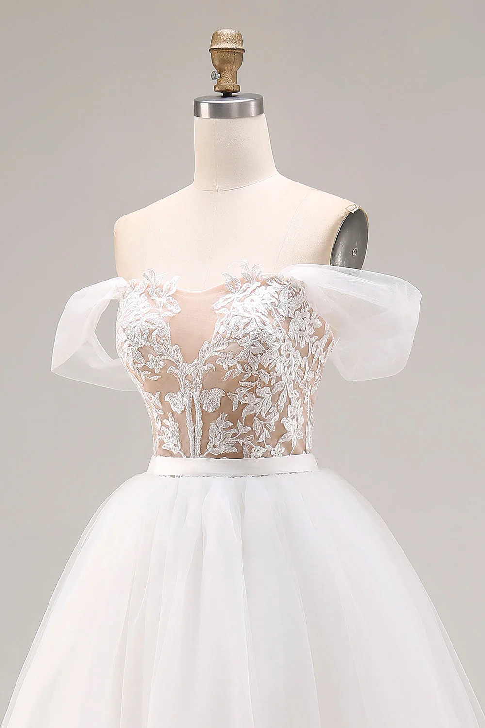 Ivory Off The Shoulder Embroidered Tulle Long Ball Gown Wedding Dress - Image 6