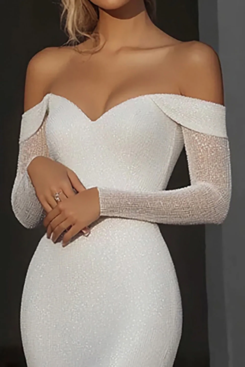Ivory Off the Shoulder Mermaid Matte Satin Wedding Dress - Image 4