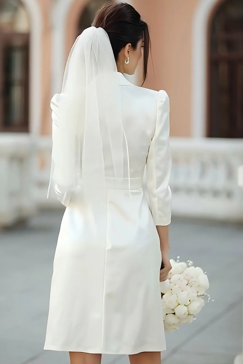 Ivory Peak Lapel A Line Midi Engagement Dress with Slit - Image 2