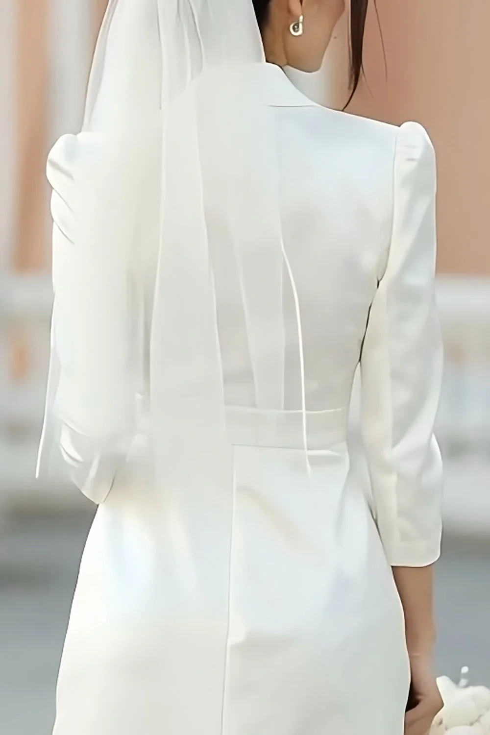 Ivory Peak Lapel A Line Midi Engagement Dress with Slit - Image 4