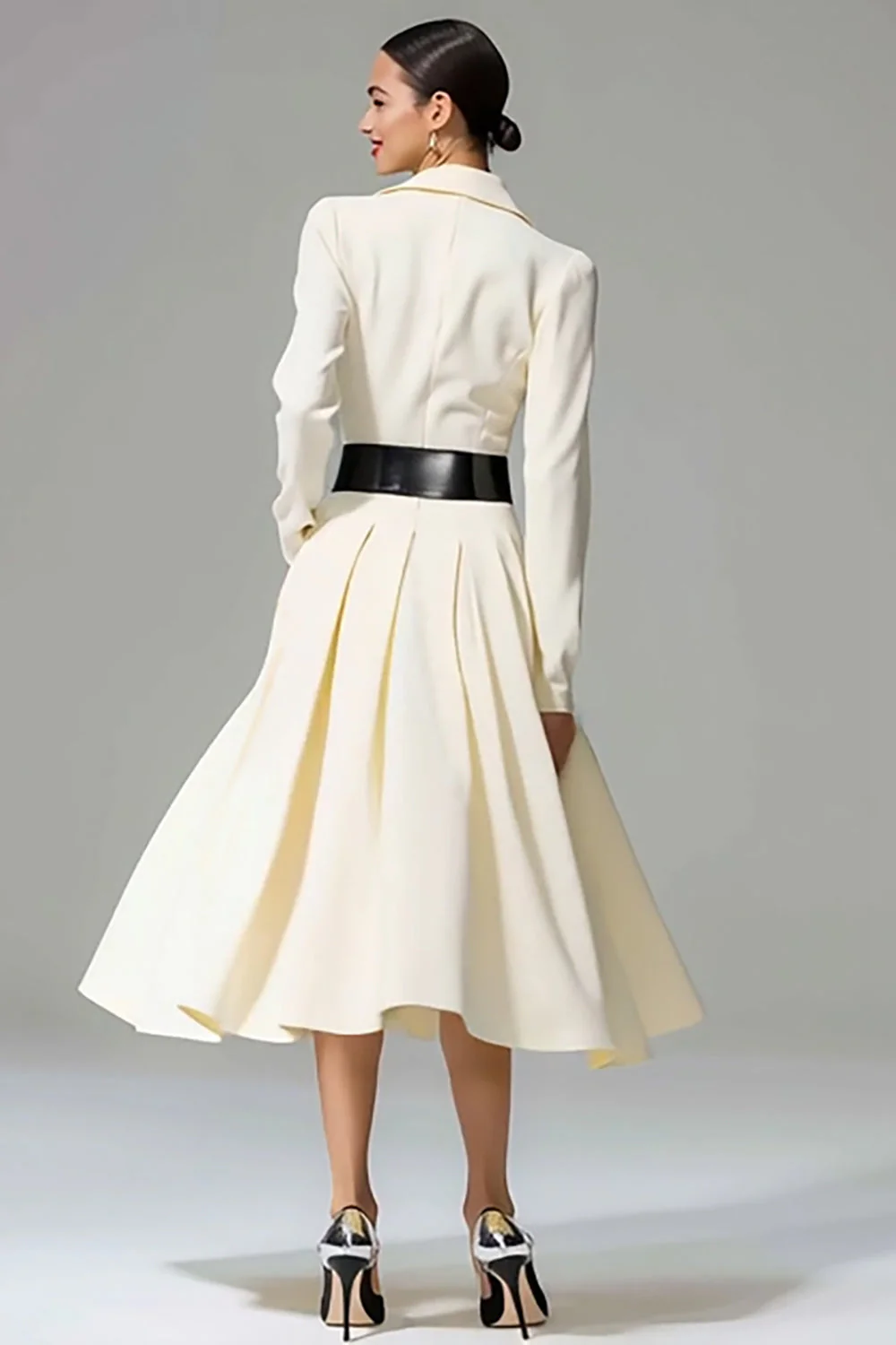 Ivory Peak Lapel A Line Midi Work Dress with Belt - Image 2