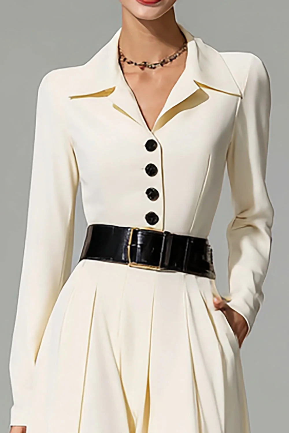 Ivory Peak Lapel A Line Midi Work Dress with Belt - Image 3