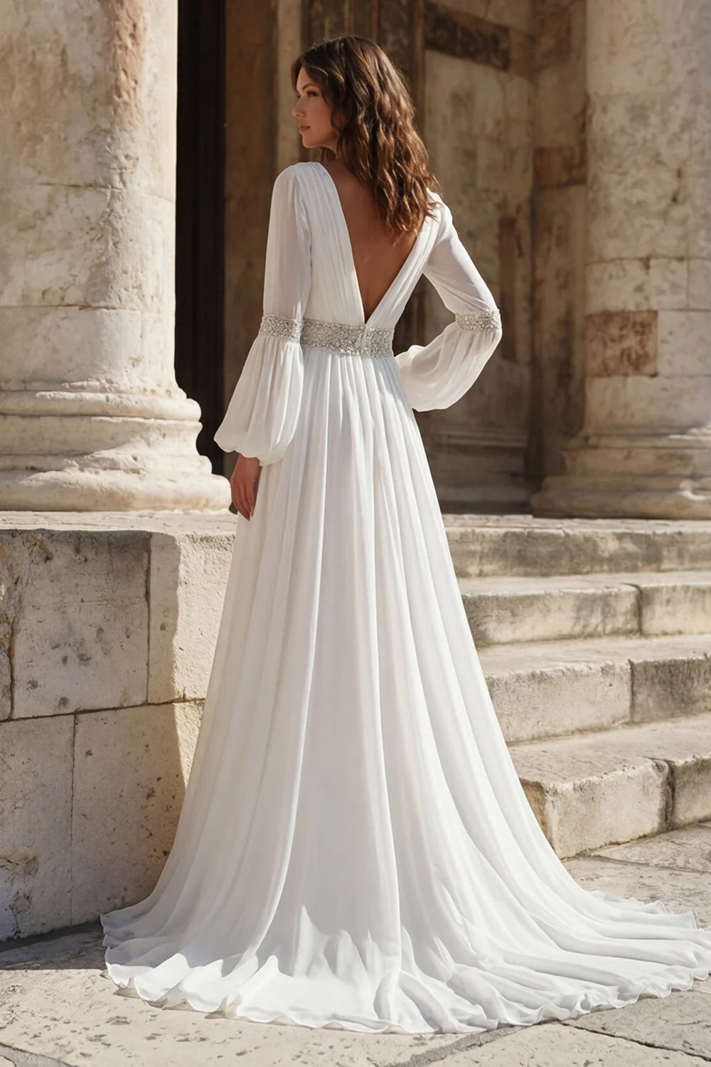 Ivory Pleated V Neck Long Sleeves Wedding Dress with Slit - Image 2