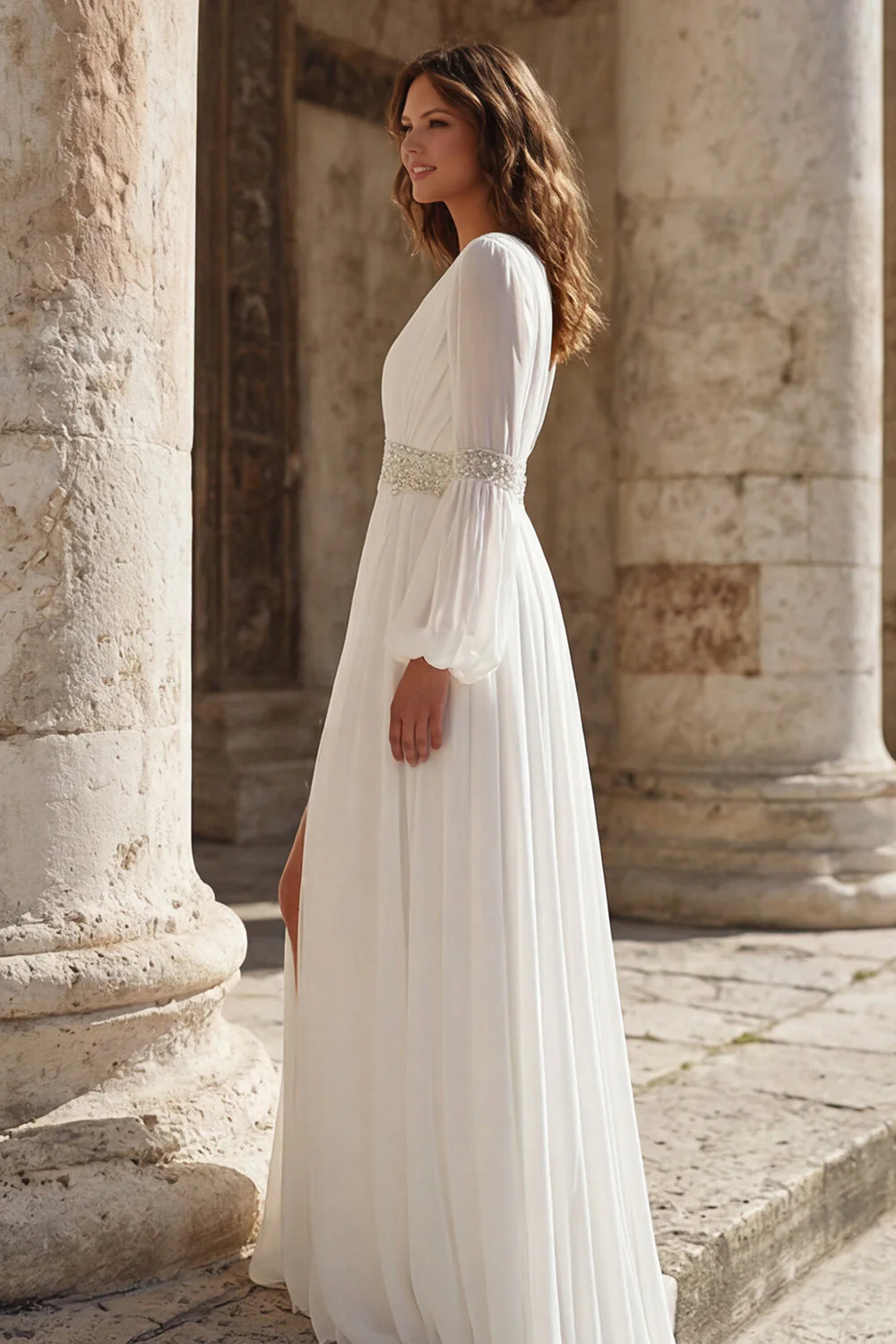 Ivory Pleated V Neck Long Sleeves Wedding Dress with Slit - Image 3