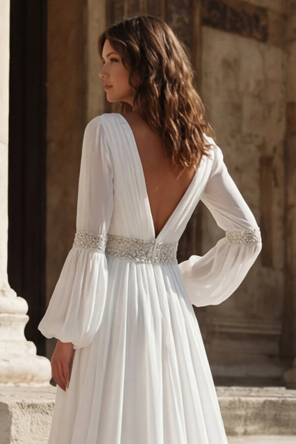 Ivory Pleated V Neck Long Sleeves Wedding Dress with Slit - Image 6