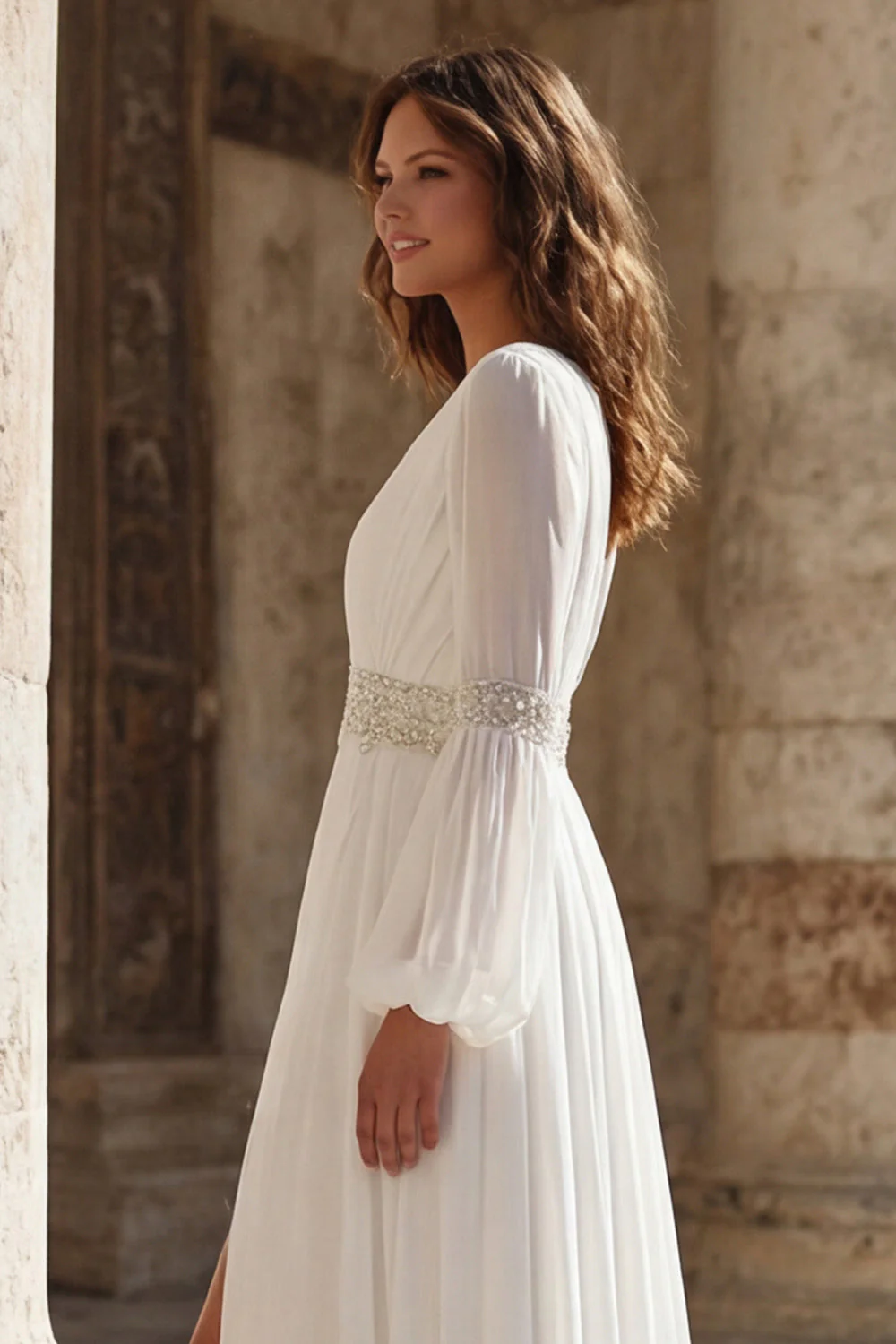 Ivory Pleated V Neck Long Sleeves Wedding Dress with Slit - Image 7